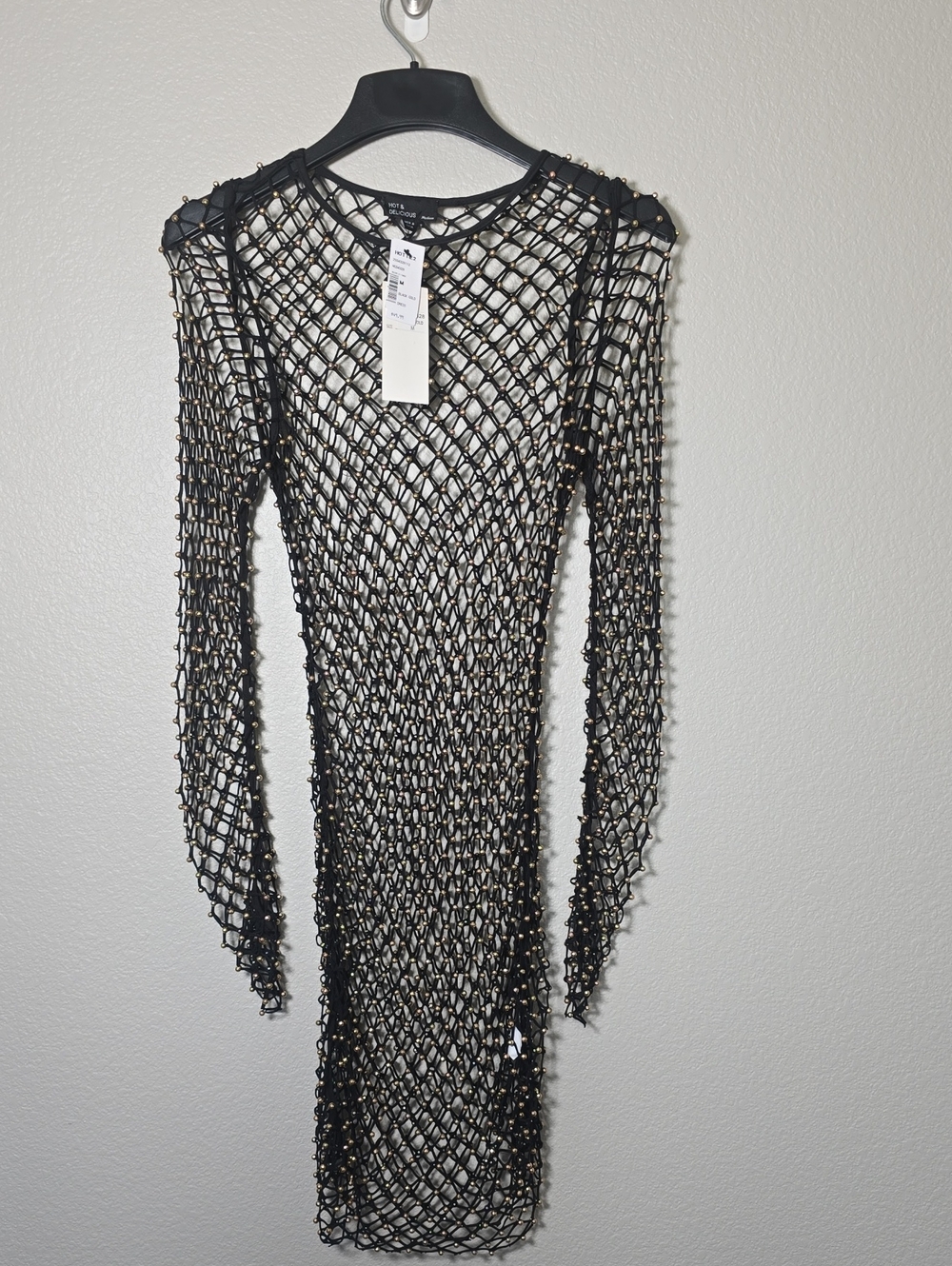 NWT Black Beaded Net Long-Sleeve Dress